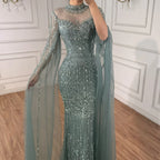Customized Turquoise Beaded Mermaid Evening Dress With Cape Sleeves For Women