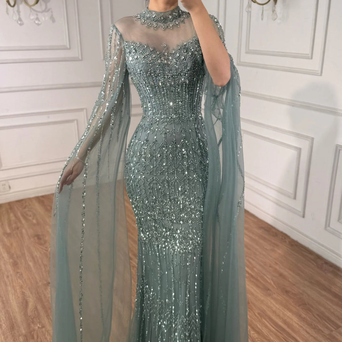Customized Turquoise Beaded Mermaid Evening Dress With Cape Sleeves For Women