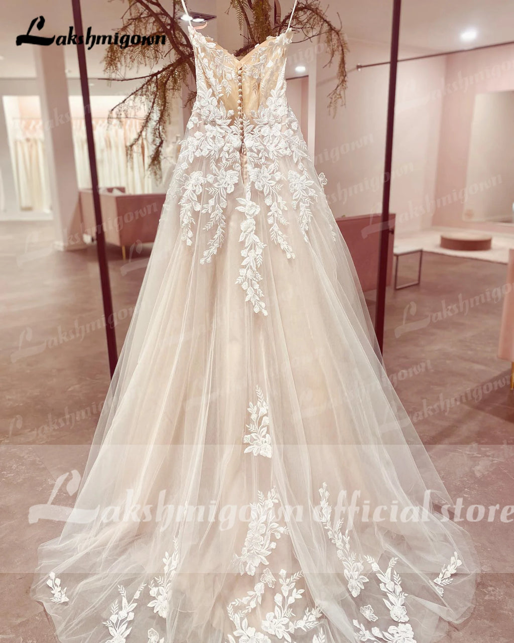 Womens Spaghetti Straps Boho Wedding Dress Lace Bodice Tulle Open Back Gown