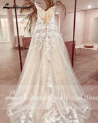 Womens Spaghetti Straps Boho Wedding Dress Lace Bodice Tulle Open Back Gown