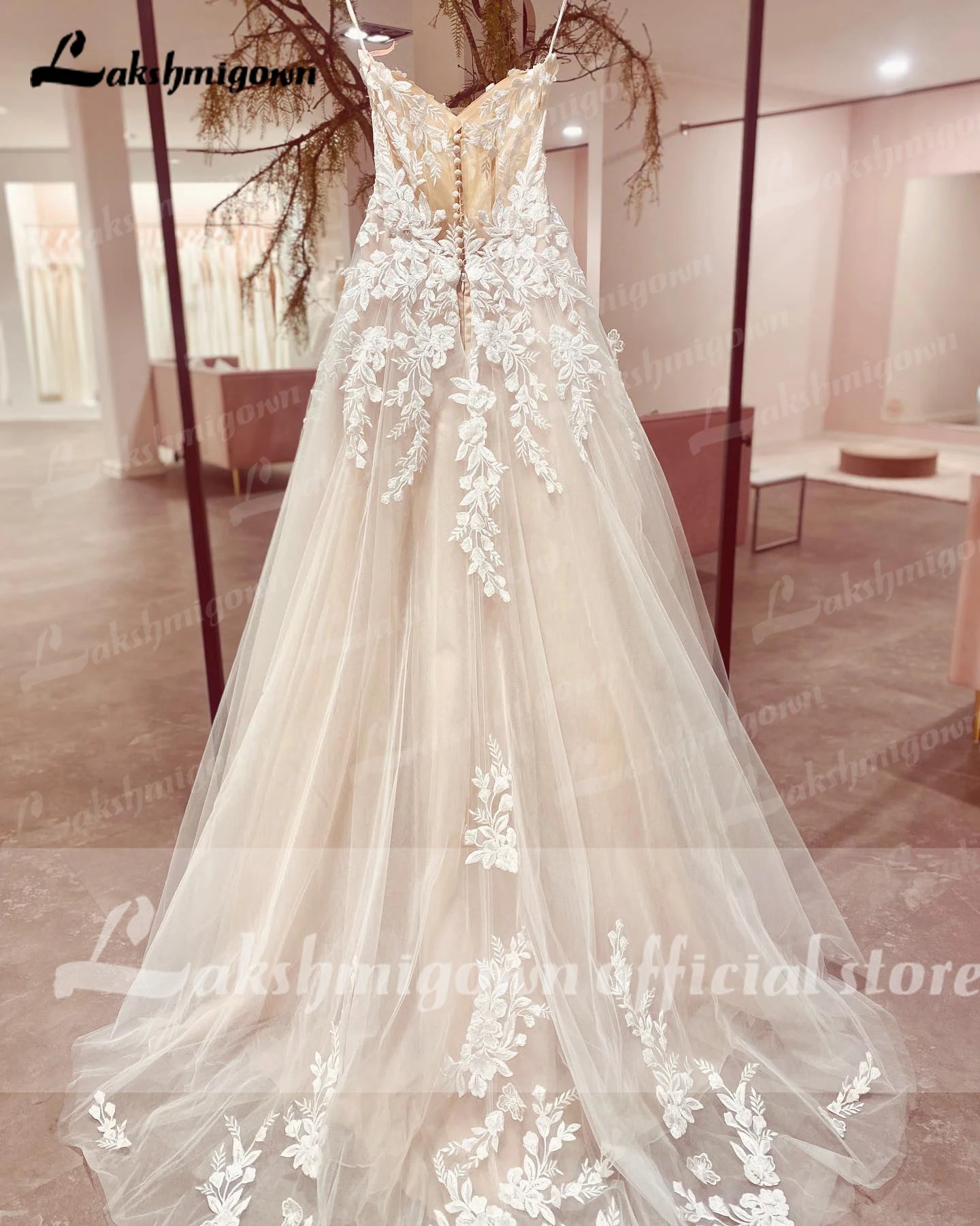 Womens Spaghetti Straps Boho Wedding Dress Lace Bodice Tulle Open Back Gown