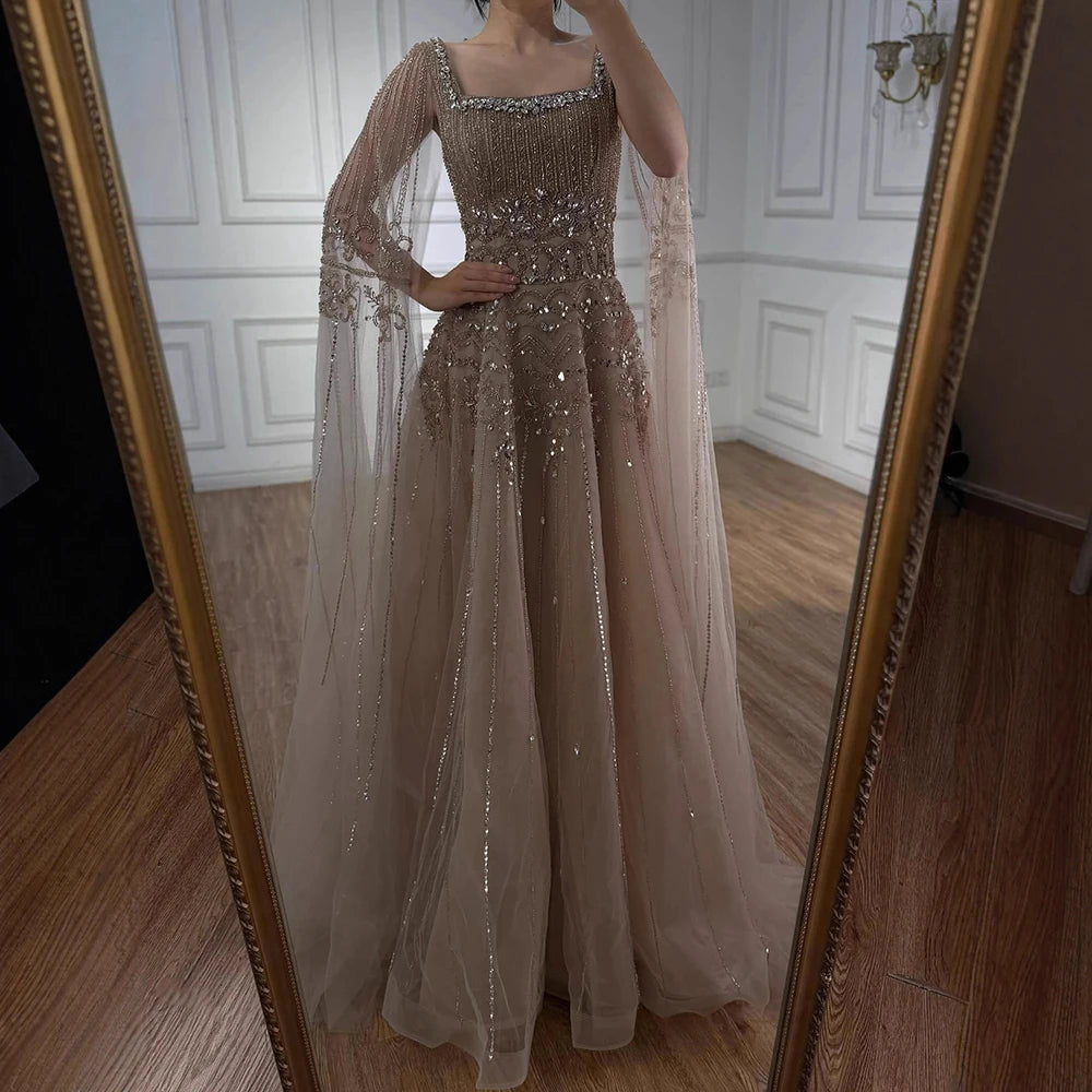 Red A Line Beaded Evening Dress For Women Cape Sleeve Custom Party Gown