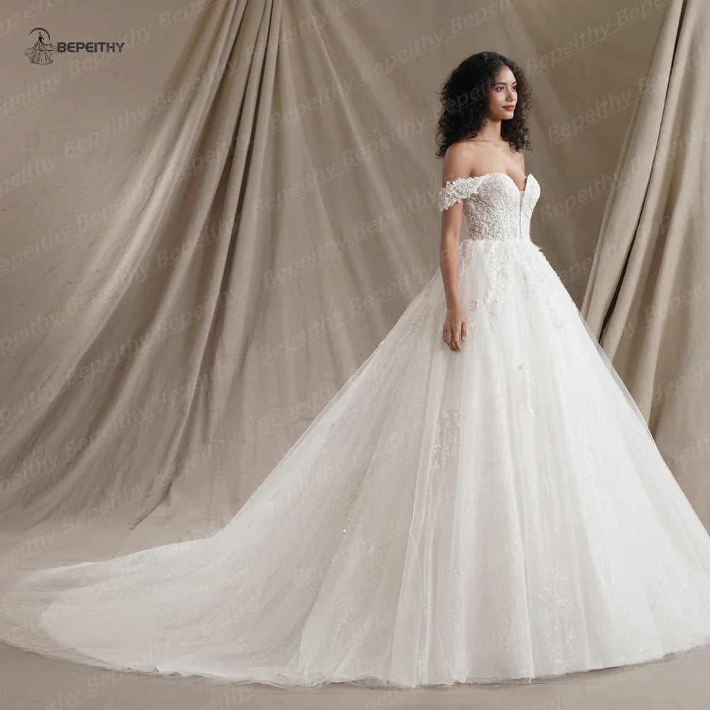 Custom Made Plus Size Ivory Off Shoulder Glitter Wedding Dress
