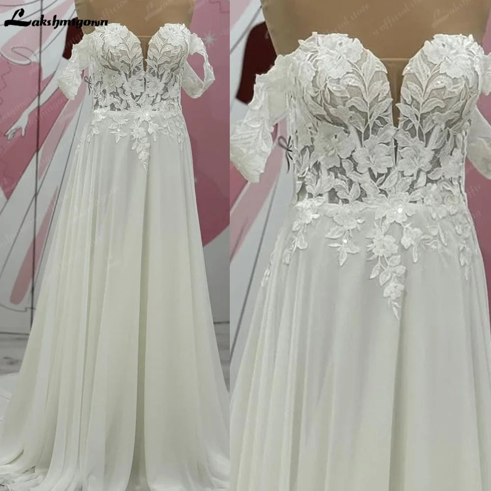 Lace And Chiffon Off Shoulder Cap Sleeve Mermaid Wedding Dress For Bride