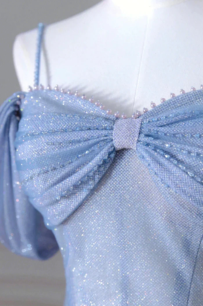 Abito lungo da sera blu con spalline sottili in tulle, bellissimo abito da ballo a linea ad A Y4592