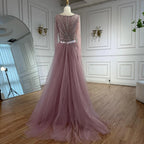 Pink V Neck Long Sleeve Beaded Evening Dress With Detachable Overskirt