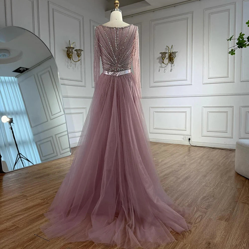 Pink V Neck Long Sleeve Beaded Evening Dress With Detachable Overskirt