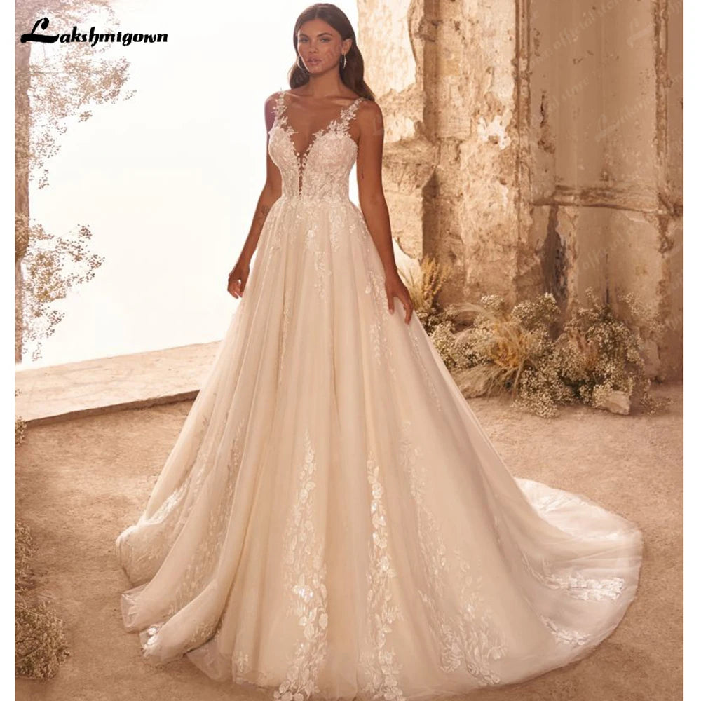 Lakshmigown Custom Vintage Lace Sleeveless V Neck Bridal Gown