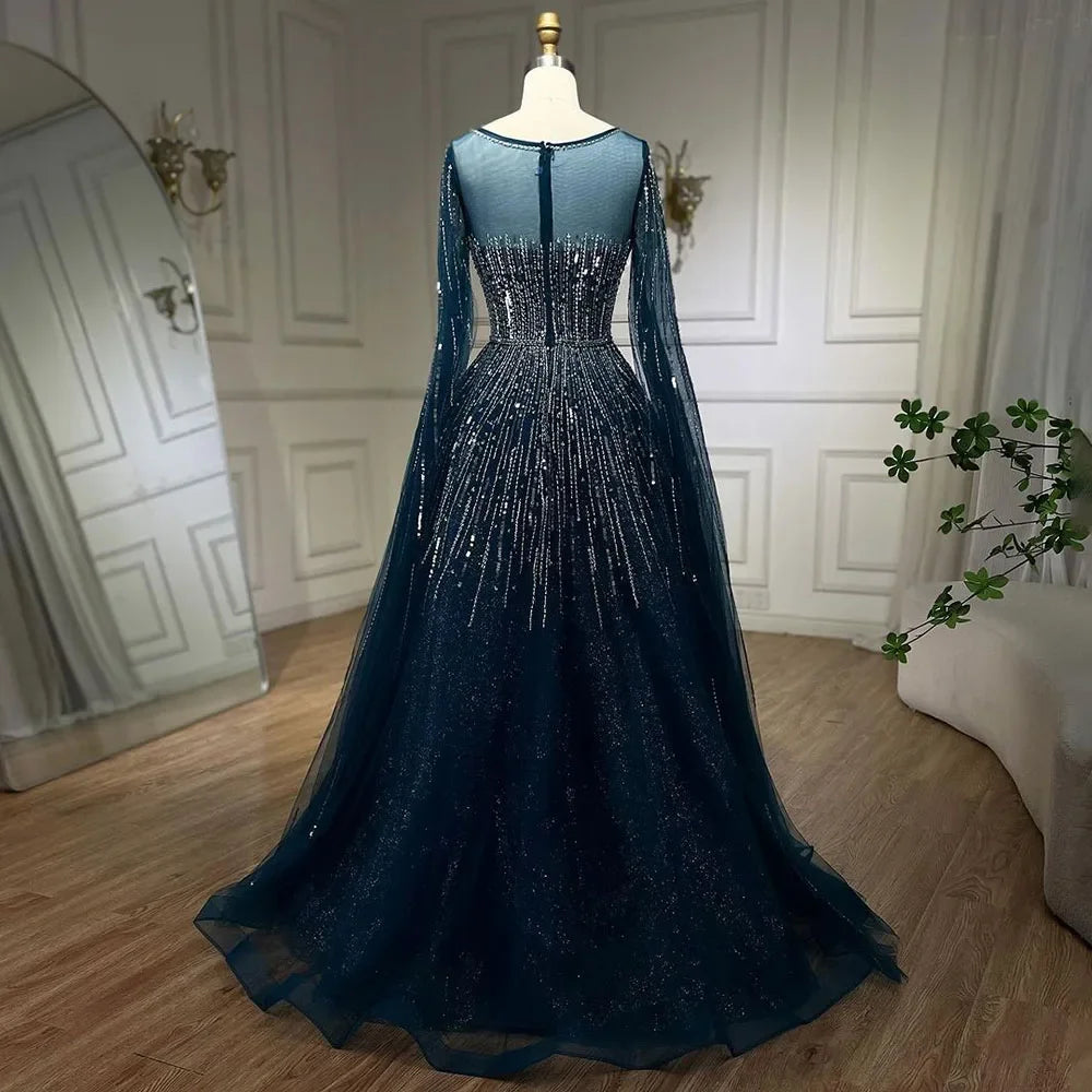 Serene Hill Blue Cape Sleeve Beaded Aline Evening Dress Custom Party Gown