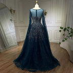 Serene Hill Blue Cape Sleeve Beaded Aline Evening Dress Custom Party Gown