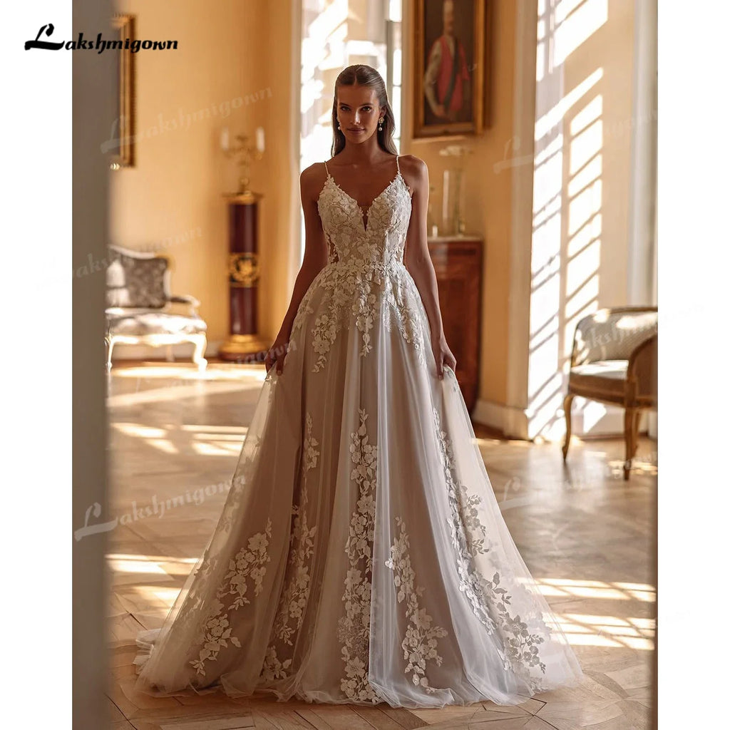 Custom Illusion Wedding Dress With Appliques Floor Length