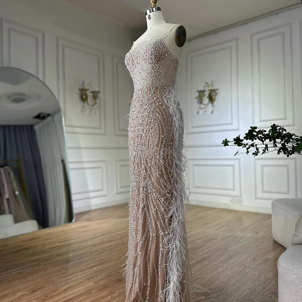 Serene Hill White Beaded Feathered Mermaid Evening Dress Custom Women