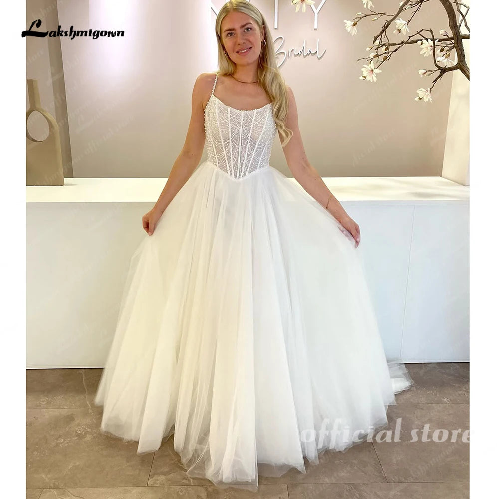 Custom A Line Tulle Wedding Dress With Pearl Beads Spaghetti Strap Scoop Neck