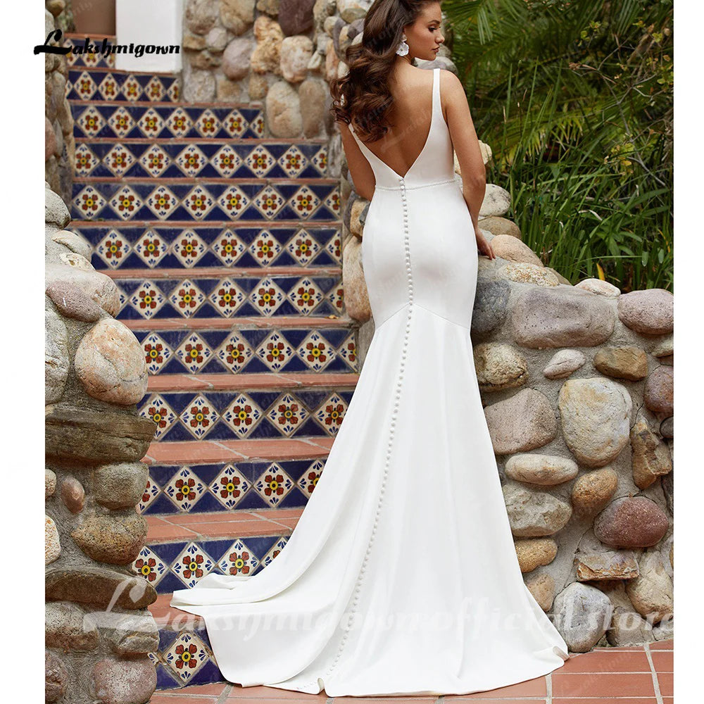 Custom Long Crepe Mermaid Wedding Dress With Square Collar