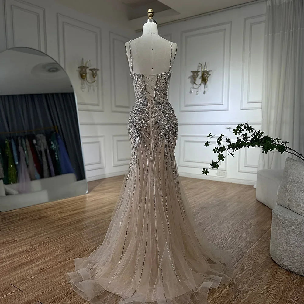 Serene Hill Silver Nude Spaghetti Strap Mermaid Evening Dress