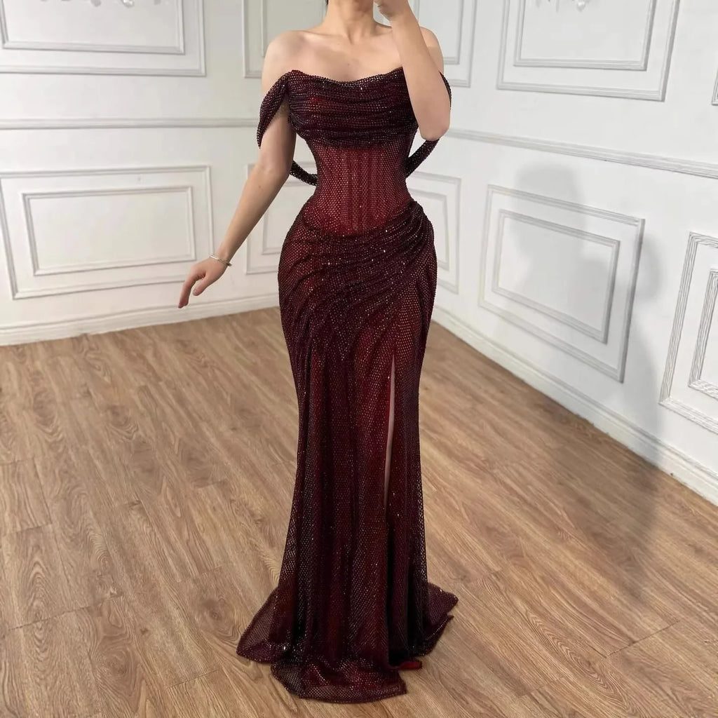 Silver Off Shoulder Mermaid Sparkle Evening Dress for Women Wedding Party Gown