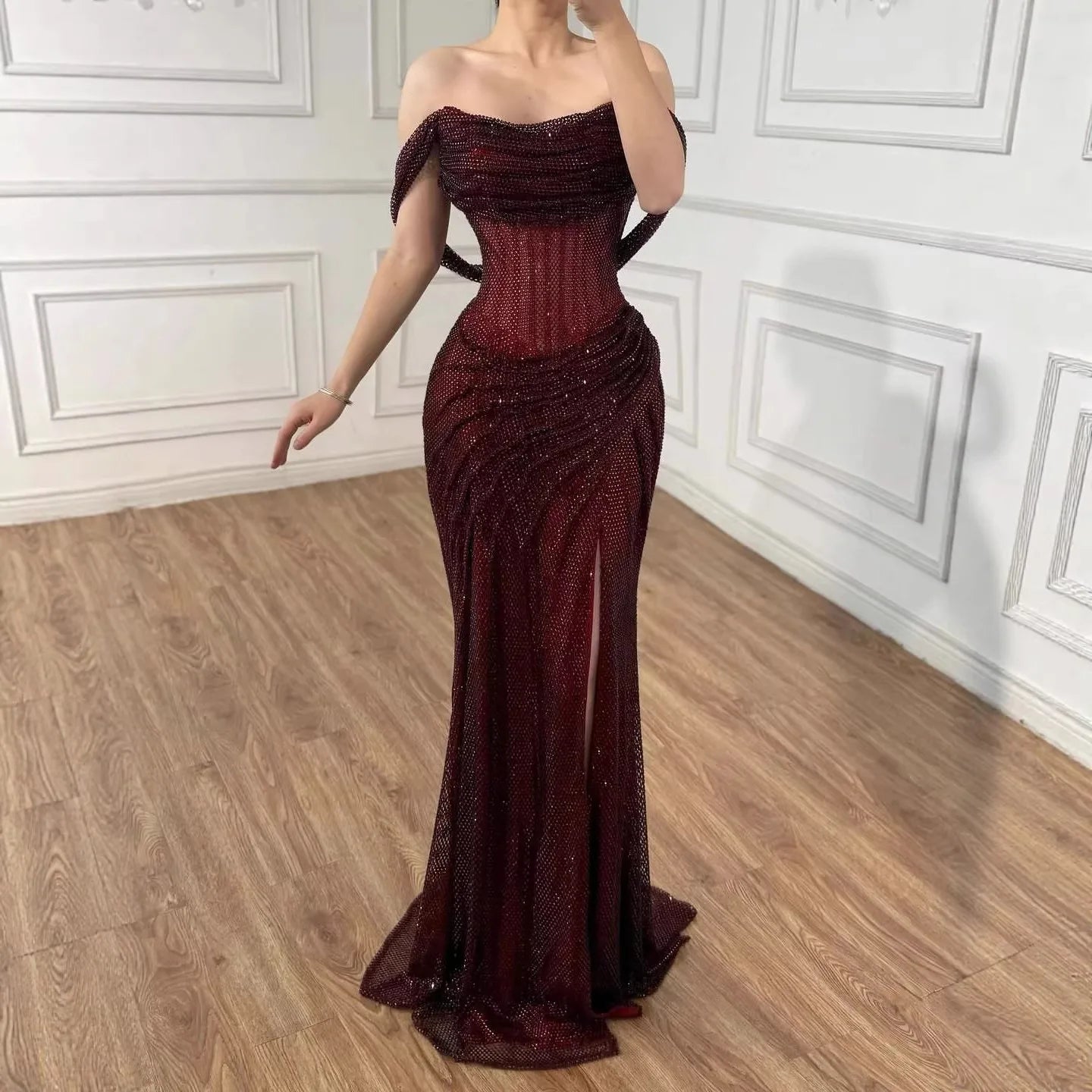Silver Off Shoulder Mermaid Sparkle Evening Dress for Women Wedding Party Gown