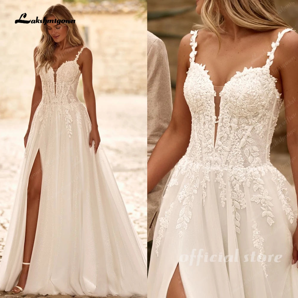 Custom Sequined Tulle Wedding Dress Spaghetti Straps V Neck Gown