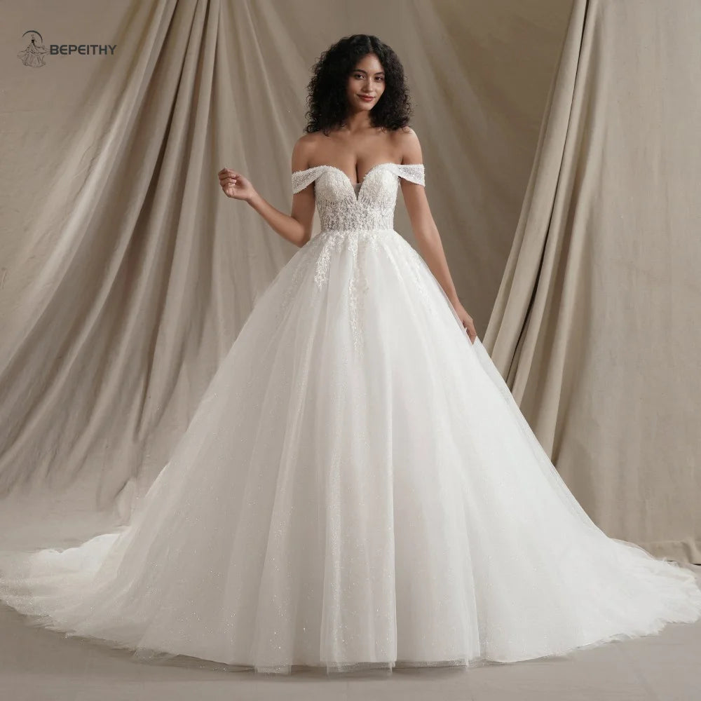 Customized Sweetheart Glitter Boho Wedding Dress Plus Size Ivory