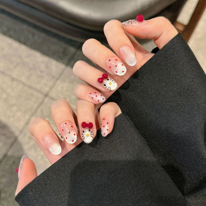 10 uñas postizas de ojo de gato pintadas a mano, diseño de gato kawaii con lazos 3D, decoración de uñas postizas, almendra brillante, sencillas y encantadoras. 