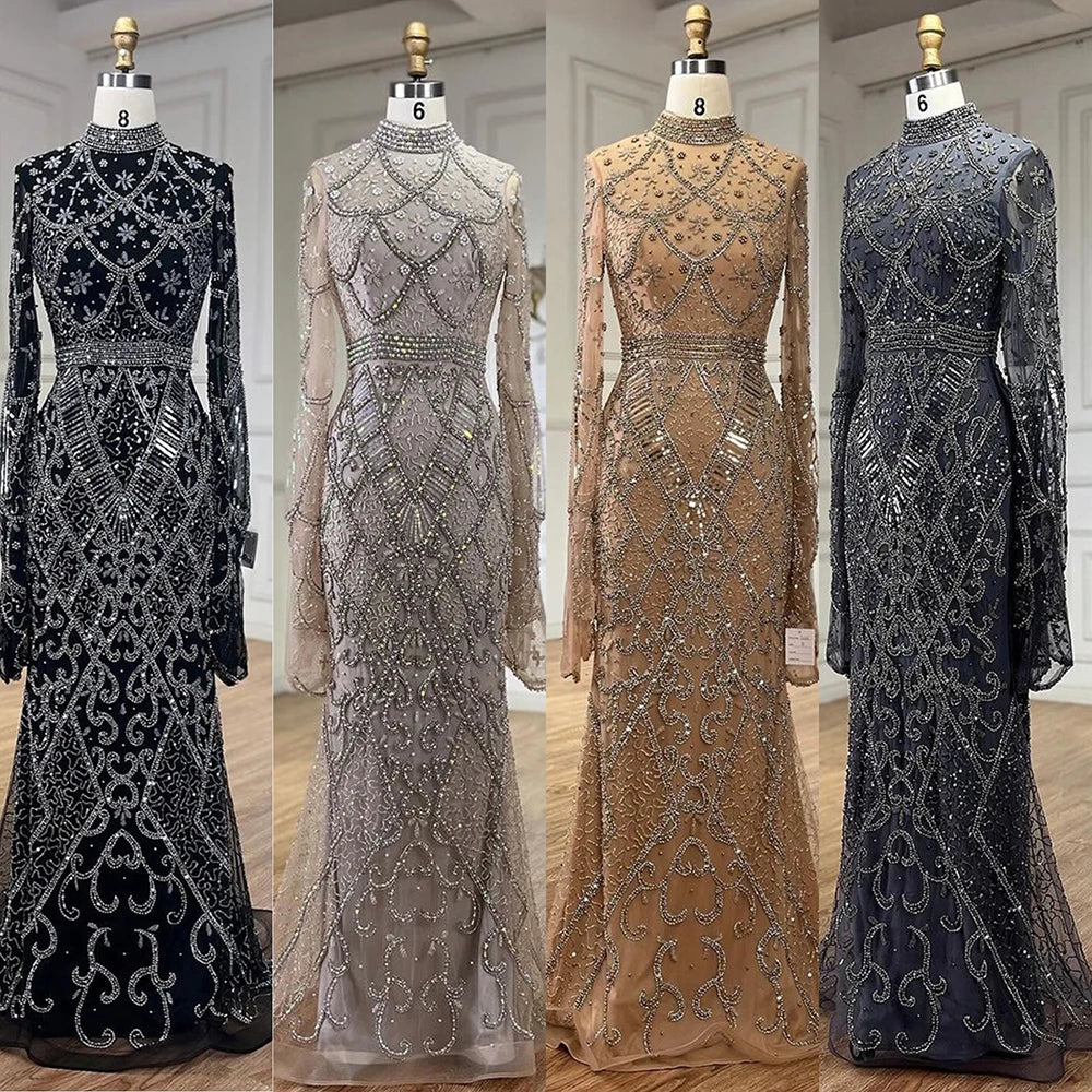 Customized Gray Mermaid Evening Dress With Cape Sleeve Beaded Gown