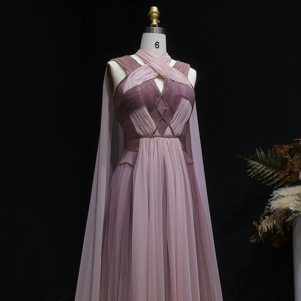 Sharon Said Ombre Pink Elegant Evening Dress with Cape Sleeve Criss Cross Halter Backless Women's Party Gowns SS309 Customized