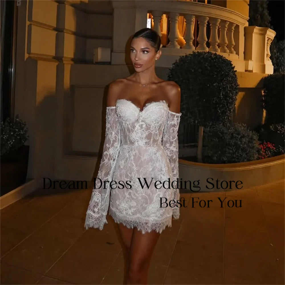 White Lace Sweetheart Sheath Wedding Dress Long Sleeve Off Shoulder Bridal Gown