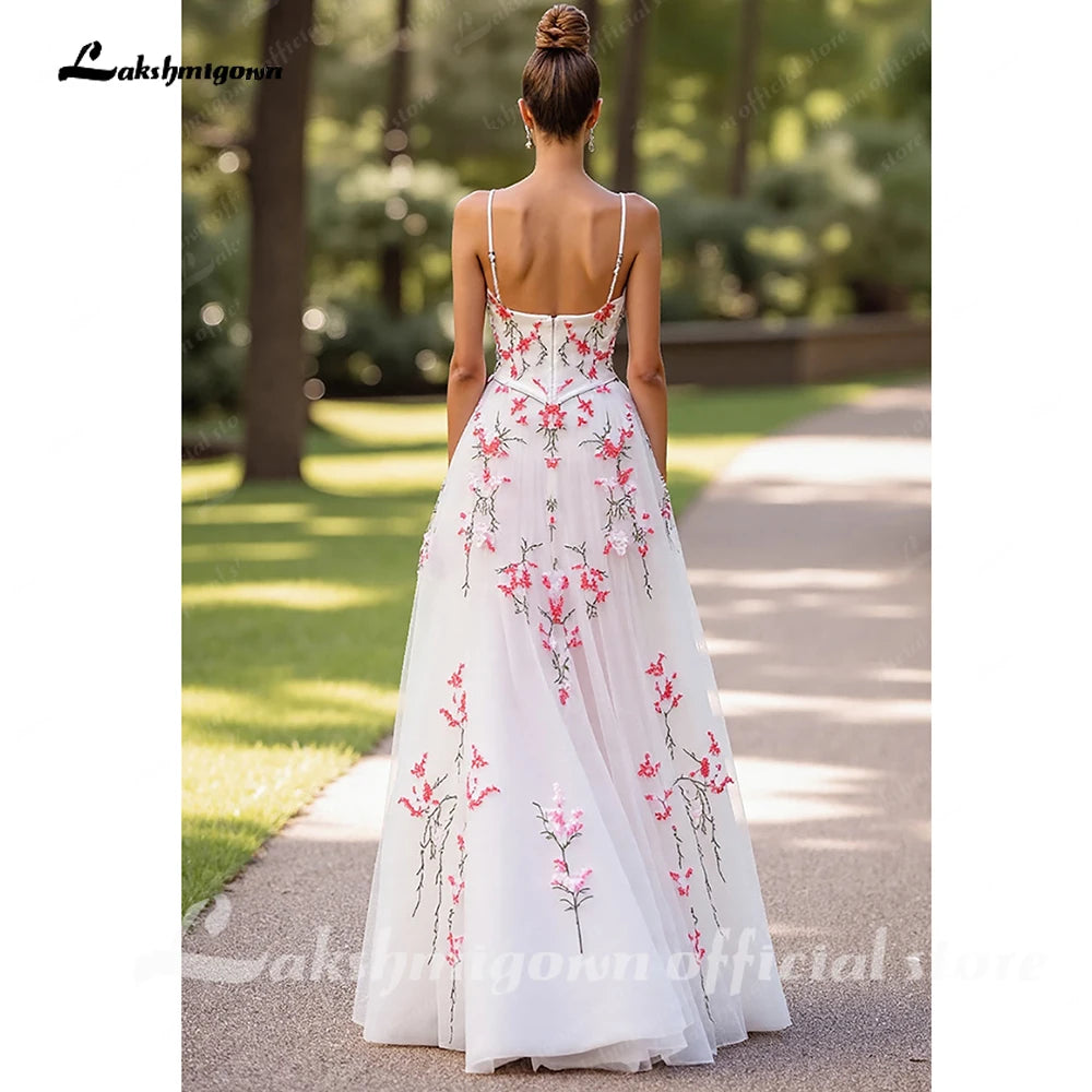 Lakshmigown Pink Floral V Neck Spaghetti Straps Wedding Dress Custom