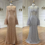 Nude High Neck Long Sleeves Feathers Mermaid Beaded Customized Evening Dress