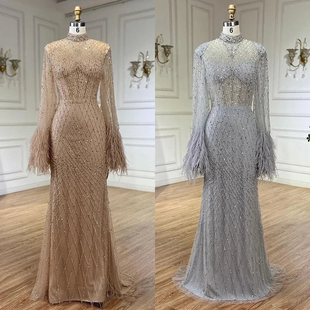 Nude High Neck Long Sleeves Feathers Mermaid Beaded Customized Evening Dress