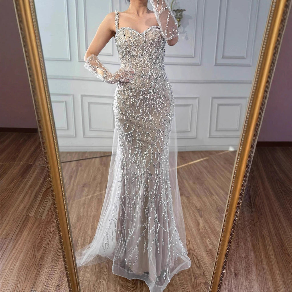 Serene Hill Custom White Mermaid Evening Gown With Pearls And Gloves