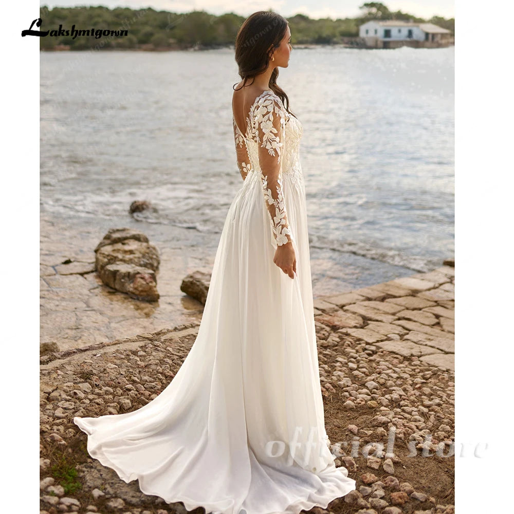 Customized Boho Lace Chiffon Wedding Dress Long Sleeve A Line Sweep Train