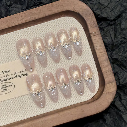 10 uñas postizas hechas a mano con diseño de nieve esmerilada morada y decoración de diamantes, estilo francés, tamaño mediano T 