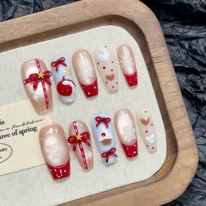 10pcs Black French Handmade Fake Nails Y2k Black Bowknots Butterfly Diamond Press On Nail Glossy Cat Eye Sweet Cool False Nails