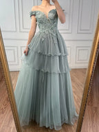 Luxury Pink Dreamy Ruffles Beaded A-Line Evening Dress LA73385