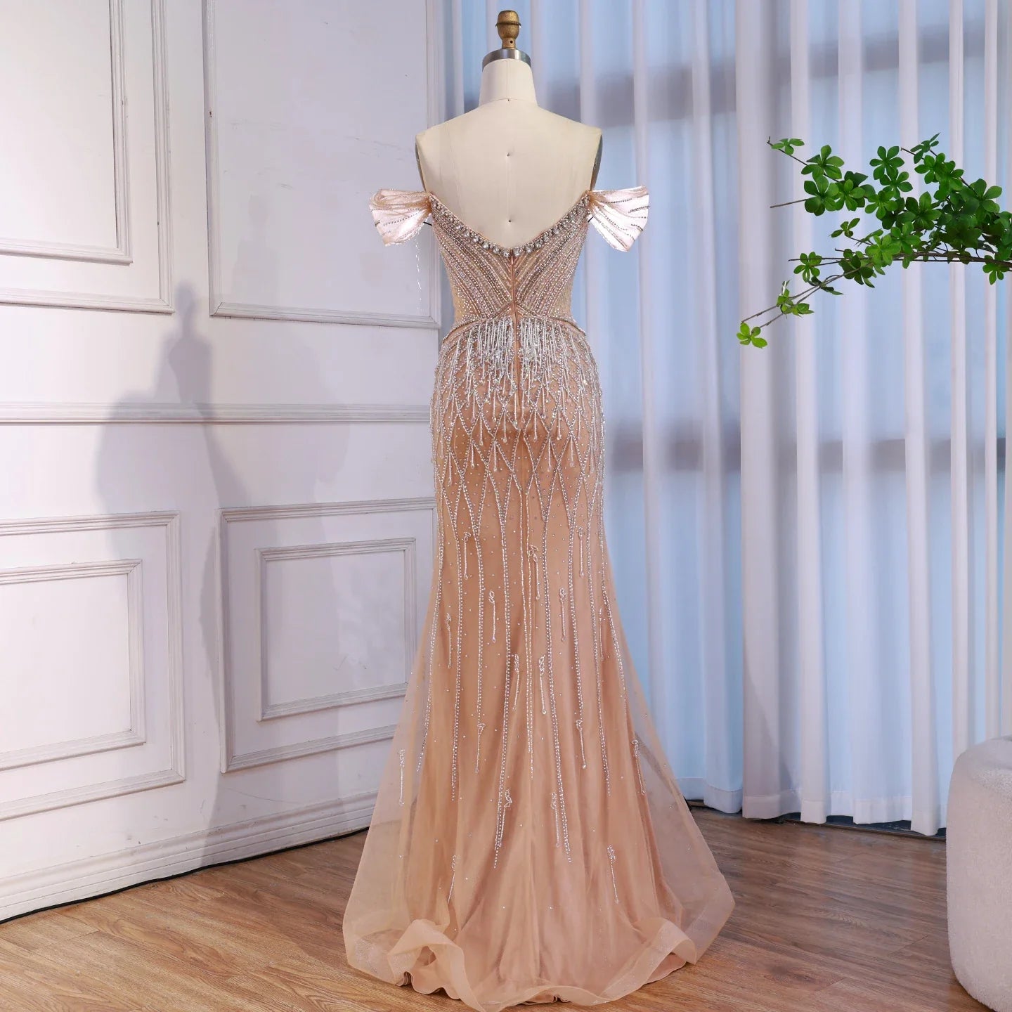 Luxury Nude Off Shoulder Beaded Tassel Evening Dress LA72854A