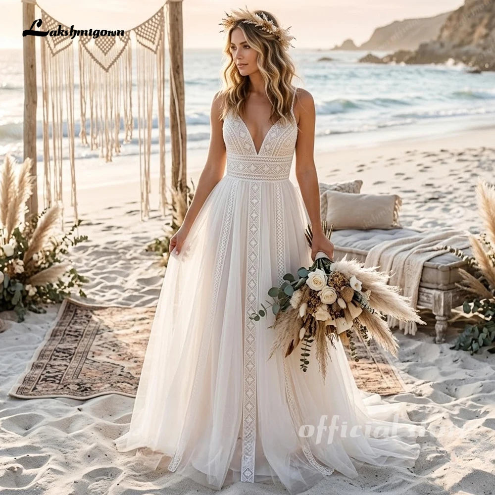 Custom Lace V Neck Boho Spaghetti Strap Beach Wedding Gown
