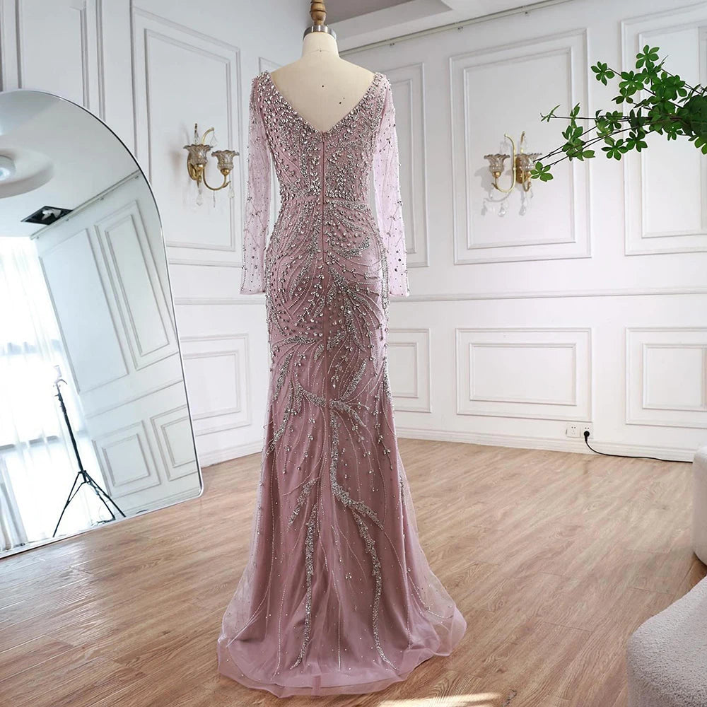 Customized Pink Mermaid Evening Dress Long Sleeve Beaded Gown