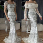 Women Blue Mermaid Beaded Evening Dress Detachable Sleeves Custom Fit