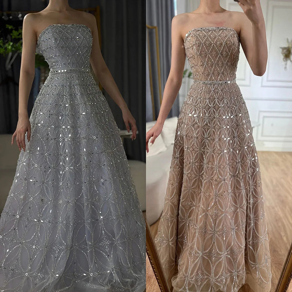 Serene Hill Caramel Strapless Beaded A Line Evening Prom Dress