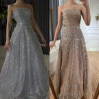 Serene Hill Caramel Strapless Beaded A Line Evening Prom Dress