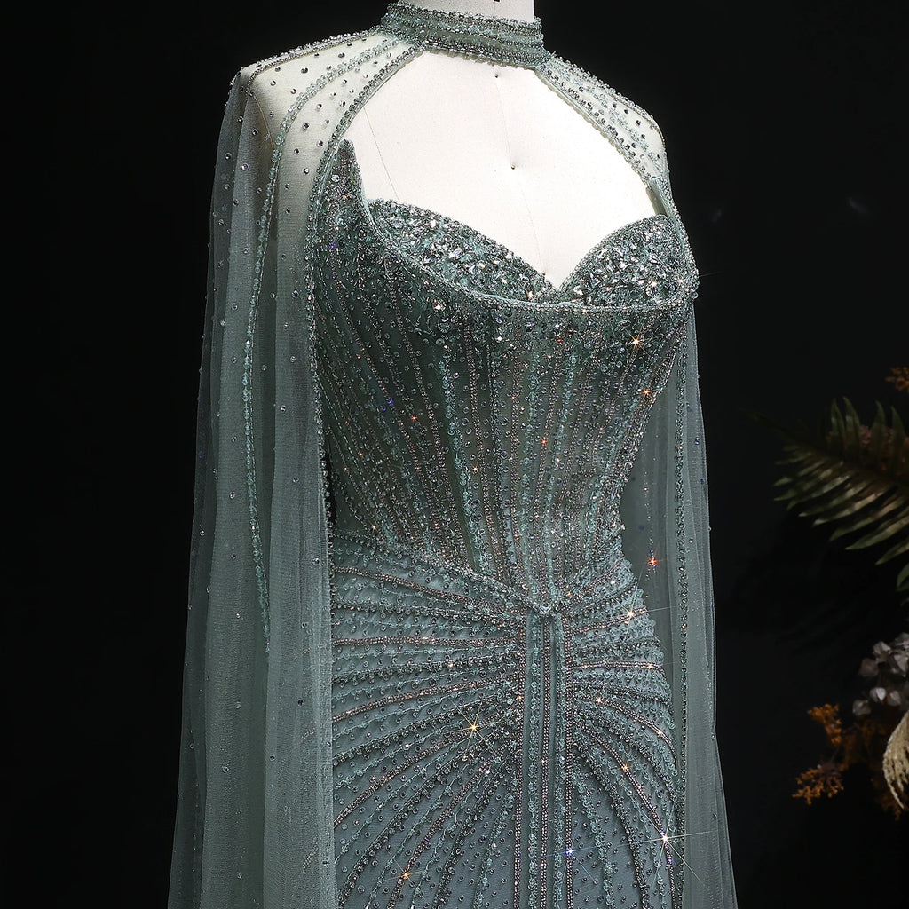 Vestido de noche de lujo de cristal verde salvia Sharon Said con mangas capa largas rosa para mujer vestidos de fiesta de boda SS156 personalizado