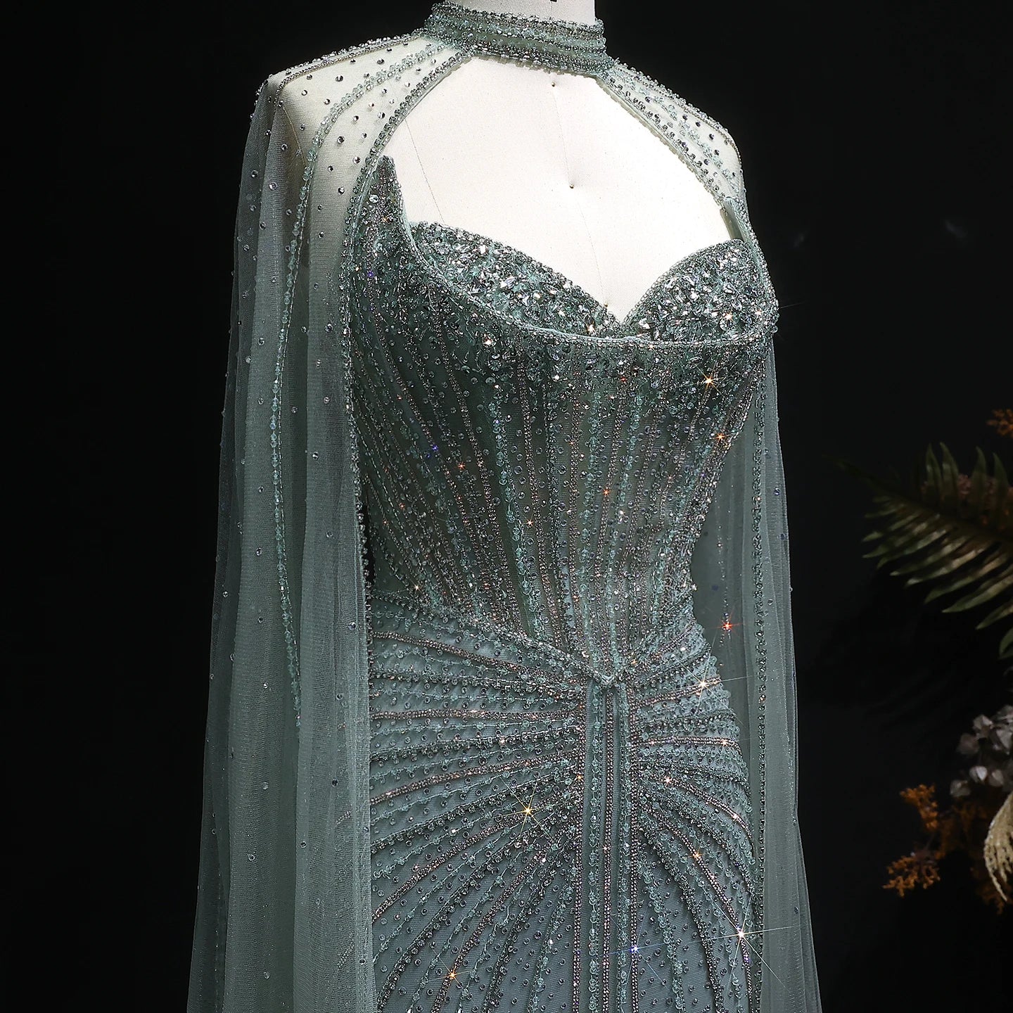 Vestido de noche de lujo de cristal verde salvia Sharon Said con mangas capa largas rosa para mujer vestidos de fiesta de boda SS156 personalizado