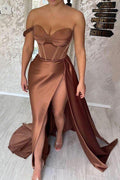 Vestidos de Noite Formais Doce Coração de Chocolate, Vestidos de Baile com Corpete Sedutor, Vestido de Festa em Cetim com Fenda Lateral Y54