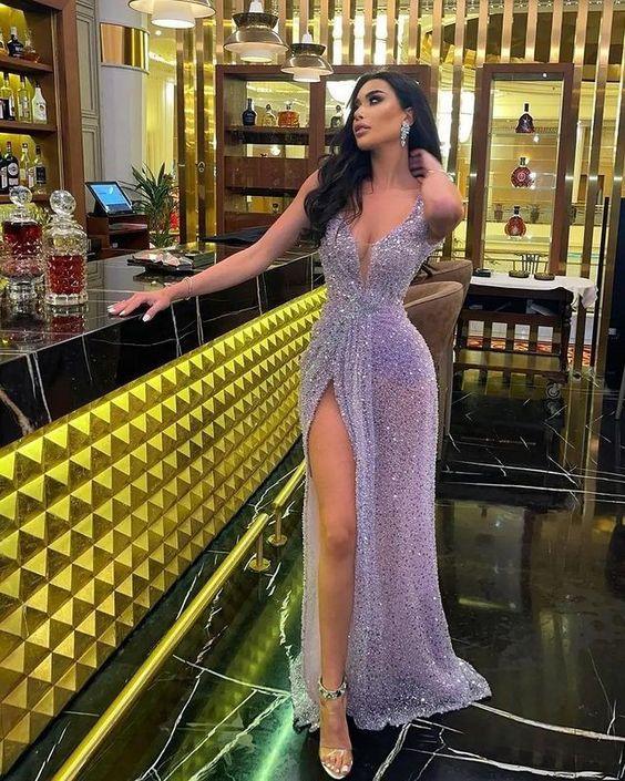 Vestido longo de noite com decote em V e lantejoulas, vestido de baile sexy Y47