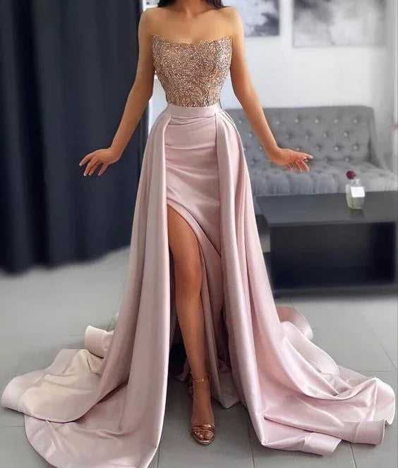 Vestido Longo de Festa Sem Alças com Fenda Alta Vestido de Gala Glam Y45