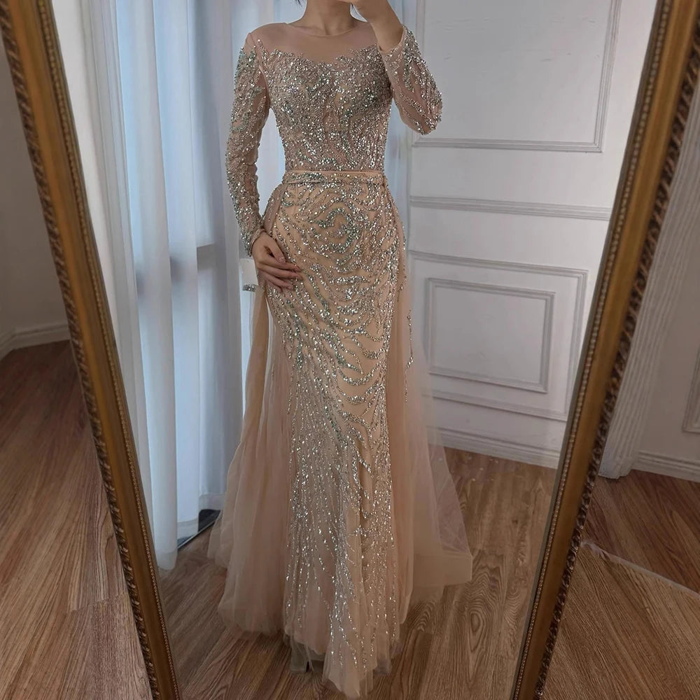 Serene Hill Nude Mermaid Long Sleeve Beaded Evening Dress For Women