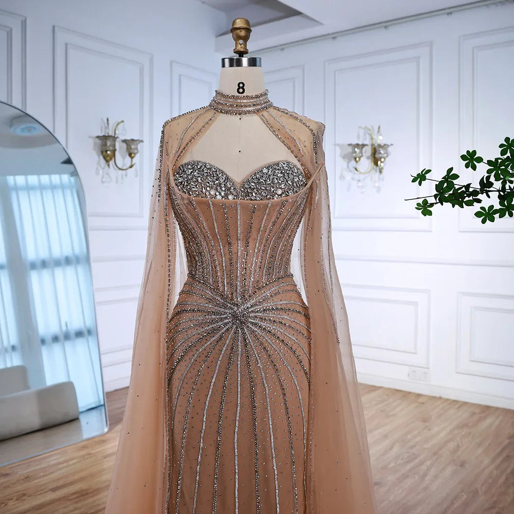 Luxury Nude Beaded Evening Gown With Cape Sleeves For Formal Custom Dress