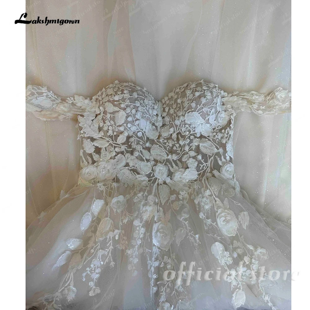 Lakshmigown Off The Shoulder Champagne Wedding Dress Lace Applique Custom