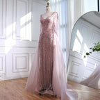Custom Black Long Sleeve Beaded Evening Dress Overskirt Formal Gown Women